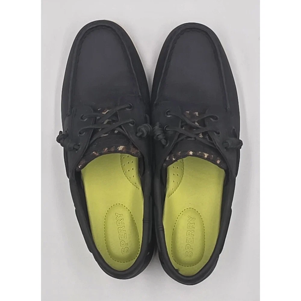 Sperry Songfish Boat Shoes Womens 9.5 Black Leopard Nubuck Leather Lace Up